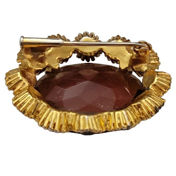 Gold Tone Rhinestone Flower Faceted Topaz Glass Trombone Clasp Cameo Brooch M755 - Picture 3 of 8